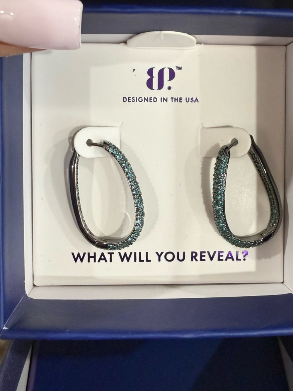 Reveal Teal Crystal Hoop Earrings - Gunmetal Finish